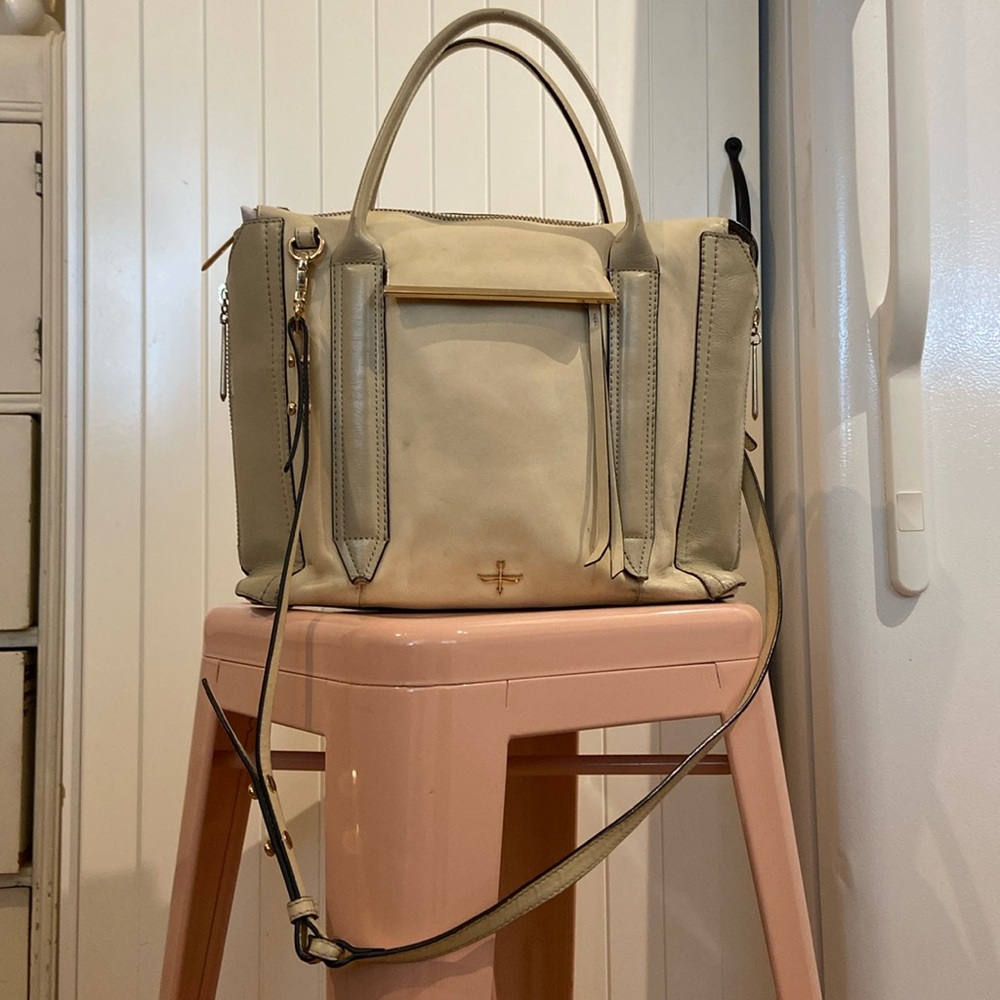 POUR LA VICTOIRE two tone 100% leather satchel with crossbody strap